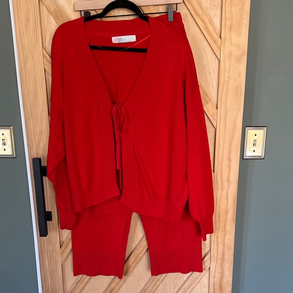 FP Beach Other - Red Women's Knit Cardigan and Wide-Leg Pants Set
